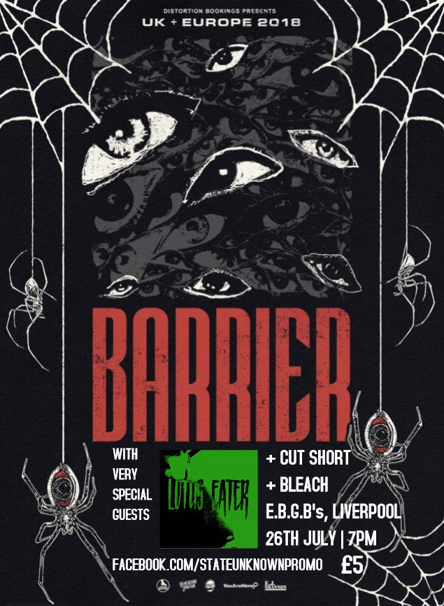 StateUnknown_'s tweet image. Our next show, #barrier #lotuseater #cutshort #BLEACH #ebgbs #Liverpool #stateunknown
USA's Barrier come to Liverpool on their EU/UK tour! Bringing with them the mighty Lotus Eater, plus support from Cut Short &amp;amp; Bleach. Only a fiver on the door. This is not to be missed!