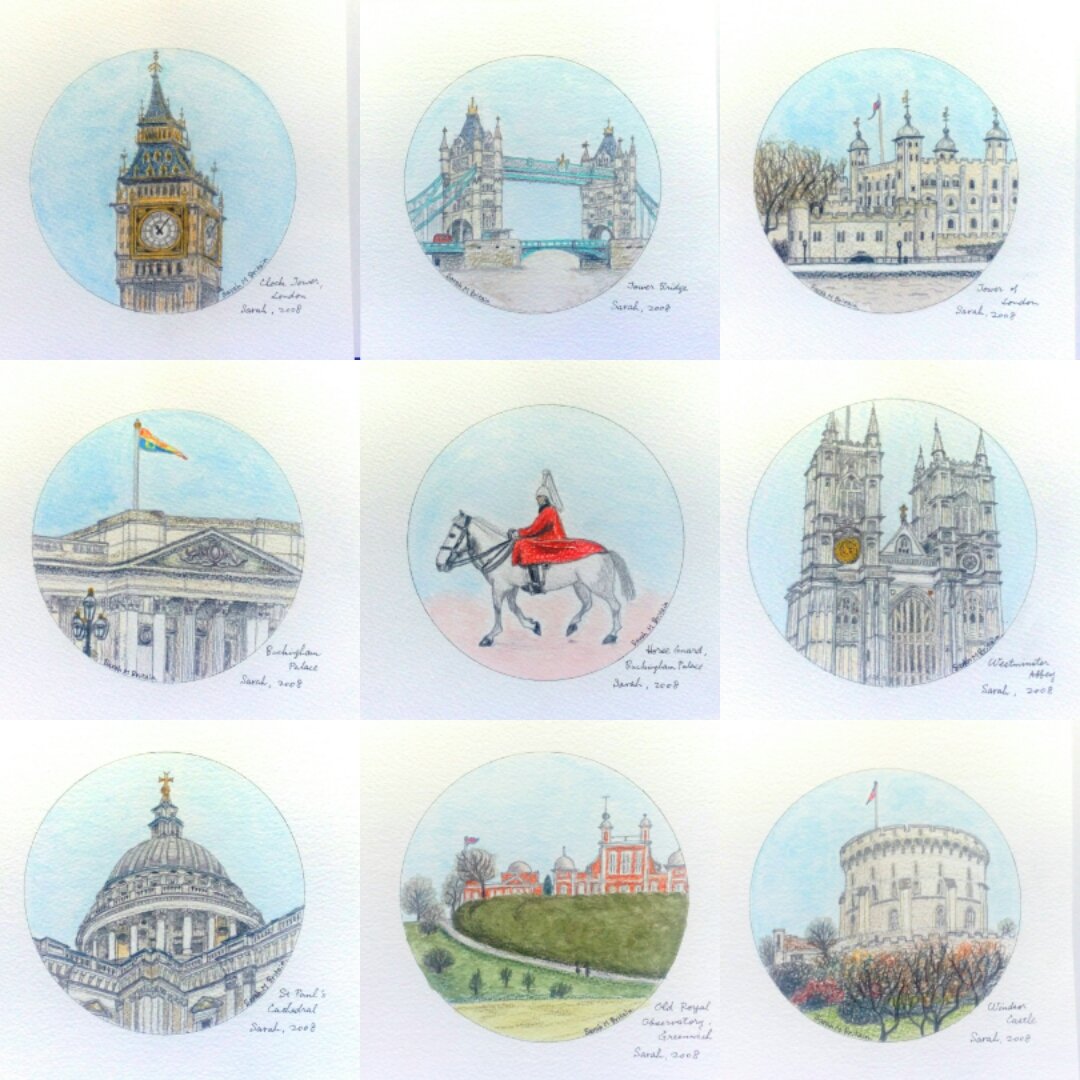 9 roundels of drawings. London plus Windsor. Original drawings.