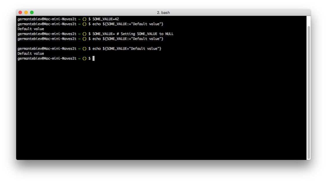turbobureaucrat's tweet photo. In #Bash, there is an interesting analog to && operation from #JavaScript. The default value will be used only if the original value is available.
Syntax: ${<variable>:+<default value>} or ${<variable>+<default value>}.
#MasteringBash #Shell #Linux https://t.co/1QJ7PNtxIE