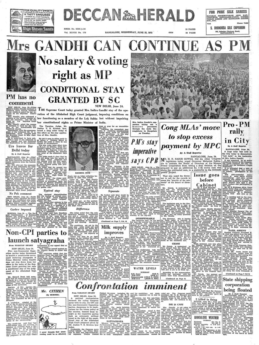 DeccanHerald's tweet photo. On the 43rd anniversary of the emergency and the 70th anniversary of #DH, we take you back to a stroll down memory lane, to our editions printed from those days. #Emergency #1975Emergency #DH_Archives #70YearsofDH #DH_Photo #DeccanHerald #History #Newspaper https://t.co/6yXEAw2Xx3