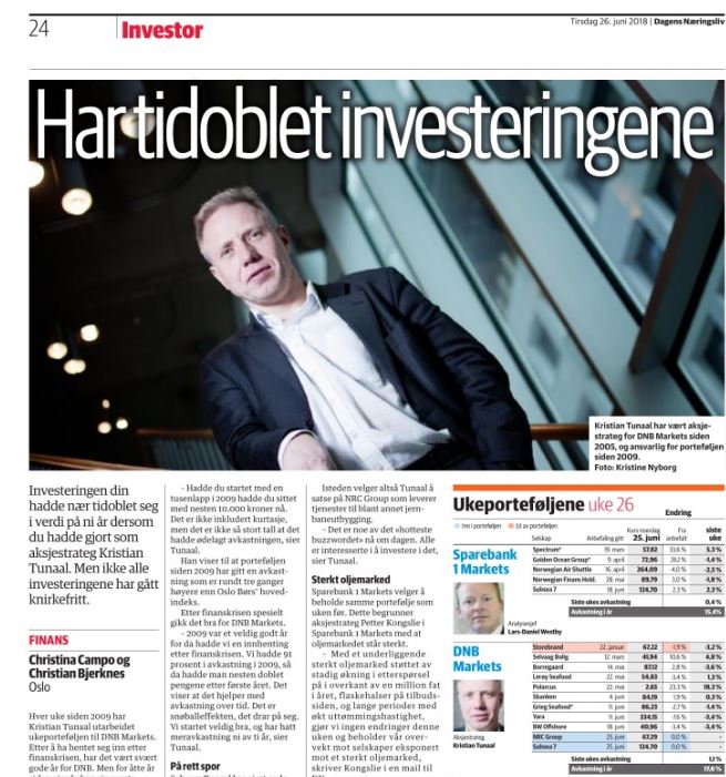 AlfredBergNO's tweet photo. @DN_no Vår nye aksjeforvalter Kristian Tunaal har siste arbeidsuke i DNB Markets. "Investeringen din hadde nær tidoblet seg i verdi på ni år dersom du hadde gjort som aksjestrateg Kristian Tunaal". Vi gleder oss til fortsettelsen når han starter i Alfred Berg til høsten. https://t.co/A415VR51bz