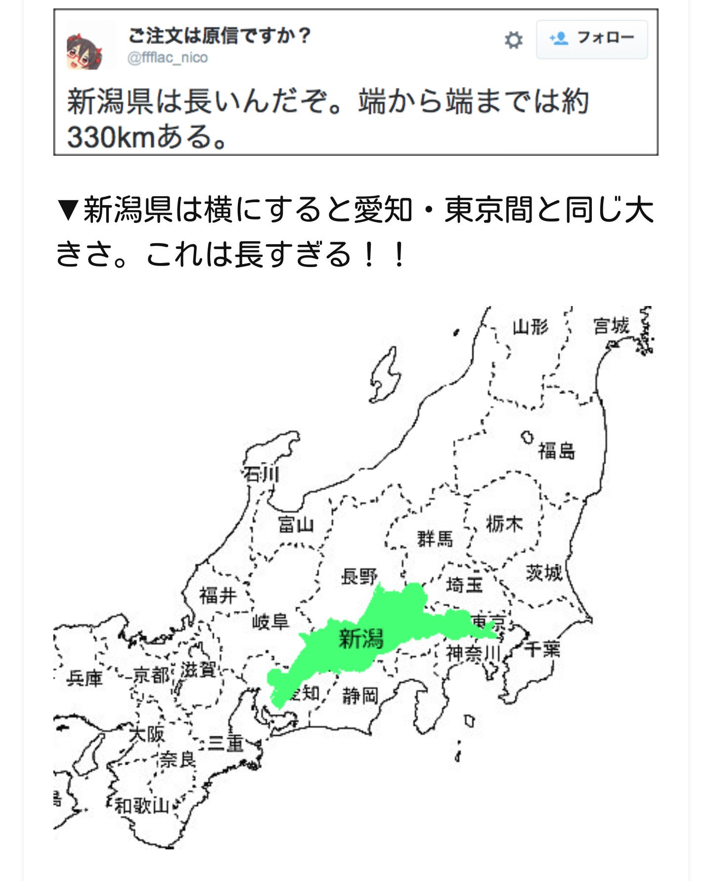 越乃 Sur Twitter 時々話題に上がる 新潟県縦に長すぎ問題 比較として東京 愛知が上げられるけど 新潟県民のほとんどが東京 愛知を移動したこと無い説