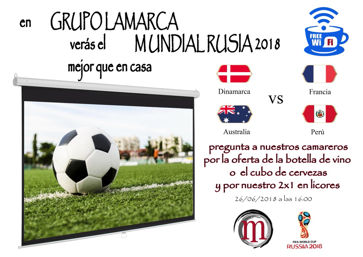 grupolamarca's tweet photo. #Hola a tod@s hoy empezamos con el cierre de #GrupoC del #MundialDeRusia2018 donde #Francia ya está clasificada y a #Dinamarca le vale el empate. Por otro lado #Australia tiene que ganar a #Perú y que #Francia gane a #Dinamarca 

Lo podrás ver todo en #Lamarca #Almeria https://t.co/2QNIF9XH6T