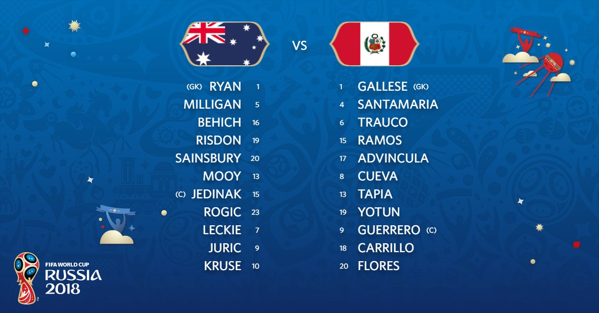 fifaworldcup_es's tweet photo. ¡Onces iniciales confirmados!

#AUS - #PER 

#AUSPER #Rusia2018 https://t.co/zx3tYTgLBX