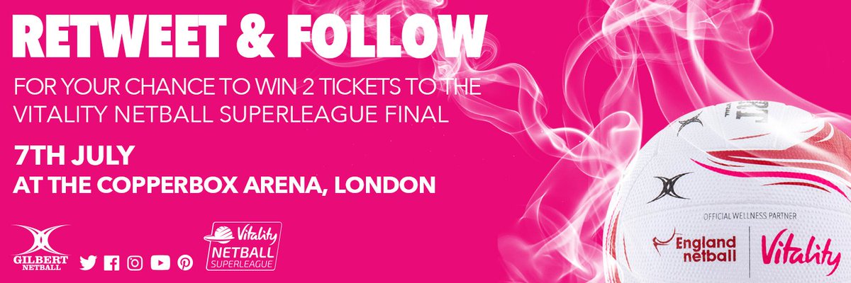 ***COMPETITION TIME***

Win 2 tickets to the <a href="/NetballSL/">Netball Super League</a> final on the 7th July at the Copperbox Arena!

➡️ RETWEET AND FOLLOW ⬅️

*Ends 29th June @ 12:30pm*

#GilbertComp