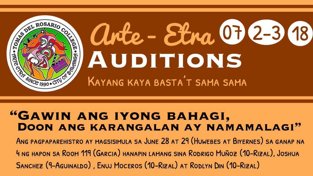 AEOfficialPage's tweet photo. Pagkakataon mo na!
Susubok ka ba?
Maging bahagi at makibahagi
"Gawin ang iyong bahagi, doon ang karangalan ay namamalagi"
Registration: June 28 & 29
Batang AE ako!
100% Thespian ako!
#KKBSS
#Auditions2018
#Batch29 https://t.co/Fs2zi0j6hx