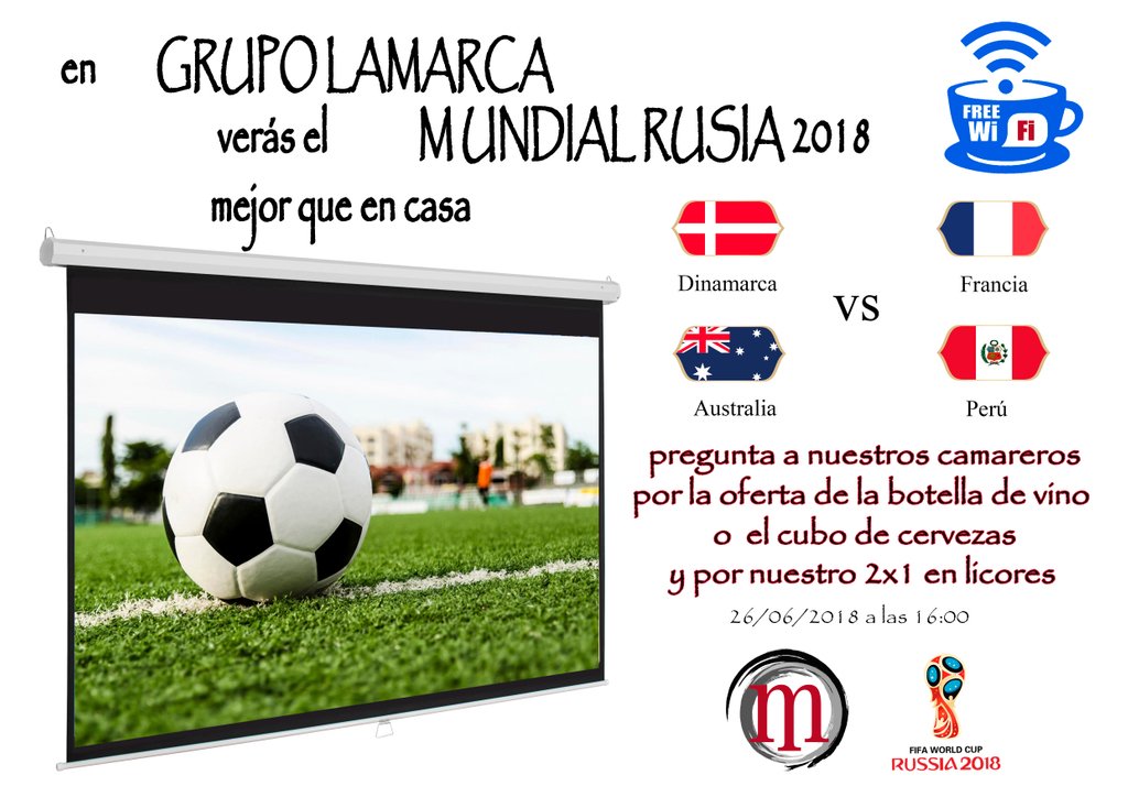 Gr_Lamarca's tweet photo. #Hola a tod@s hoy empezamos con el cierre de #GrupoC del #MundialDeRusia2018 donde #Francia ya está clasificada y a #Dinamarca le vale el empate. Por otro lado #Australia tiene que ganar a #Perú y que #Francia gane a #Dinamarca 

Lo podrás ver todo en #Lamarca #Almeria https://t.co/143ZcEpaeJ