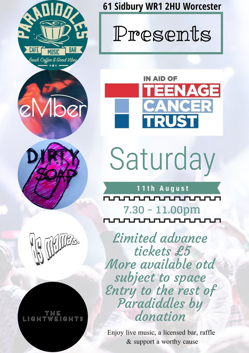 Charity gig for <a href="/TeenageCancer/">Teenage Cancer Trust</a> Put 11th Aug @Paradiddles_Bar in your diaries #LiveMusic with <a href="/asmamasband/">as mamas</a> &amp; more! Limited £5 tickets available so be quick.Full details here :facebook.com/events/4674540… #worcestershirehour <a href="/gr8musicvenues/">gr8MusicVenues</a> <a href="/WhatsOnWorcs/">Worcestershire What's On</a> <a href="/worcs_culture/">Worcester Culture</a> <a href="/youthcommradio/">Youthcomm Radio</a>