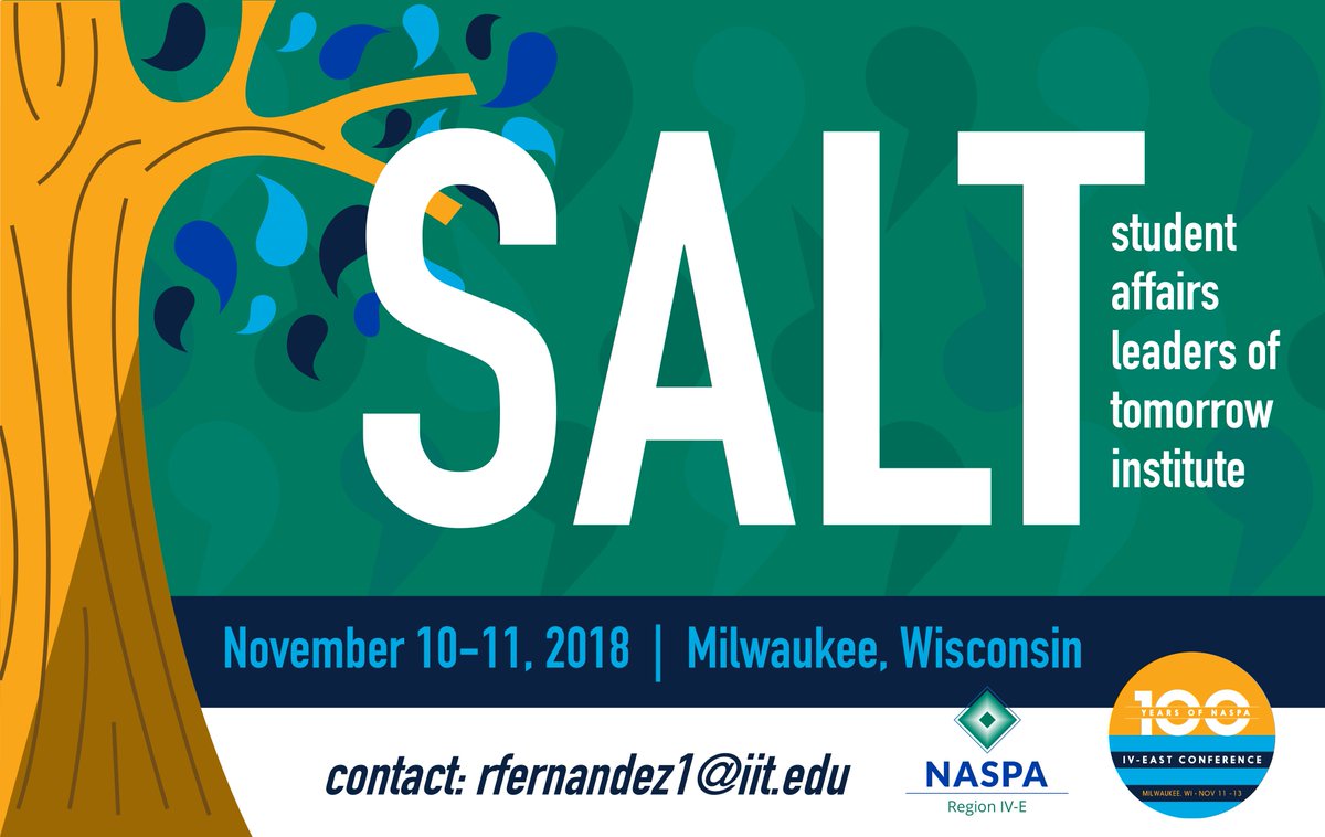 NASPA4E's tweet photo. Do you have students who are #FutureSAPros? Send them to the Student Affairs Leaders of Tomorrow (SALT) Institute at the @NASPA4E   Conference on November 10-11 in #Milwaukee. More information, check out our website! https://t.co/v2zbZMZ9YL #sachat #naspa https://t.co/91f0QoHaWv