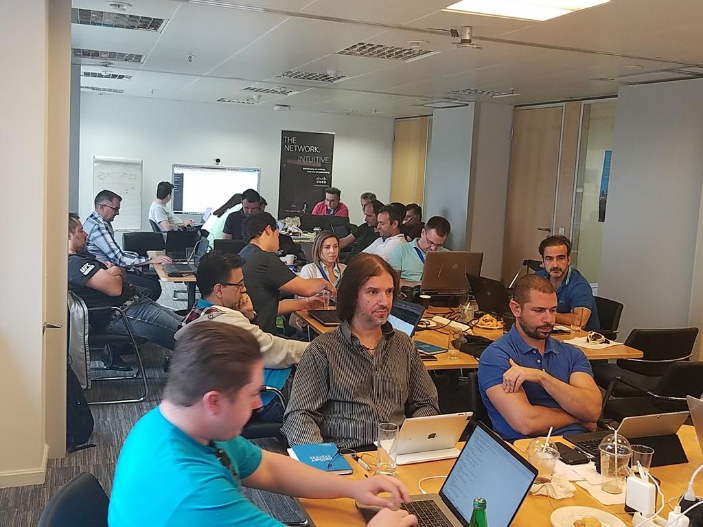 aidevnet's tweet photo. @Kareem_isk @Cisco_Greece @meraki @CiscoDevNet @silviakspiva @isocher_ @Chara_Kontaxi @RCattell We've covered #DNACenter #YANG #NETCONF #RESTCONF #GUESTSHELL #Python today. All hands on labs and missions completed! Amazing audience here in #Athens #DevNetExpress #DNA #DevNet https://t.co/vUxlR5WsyC
