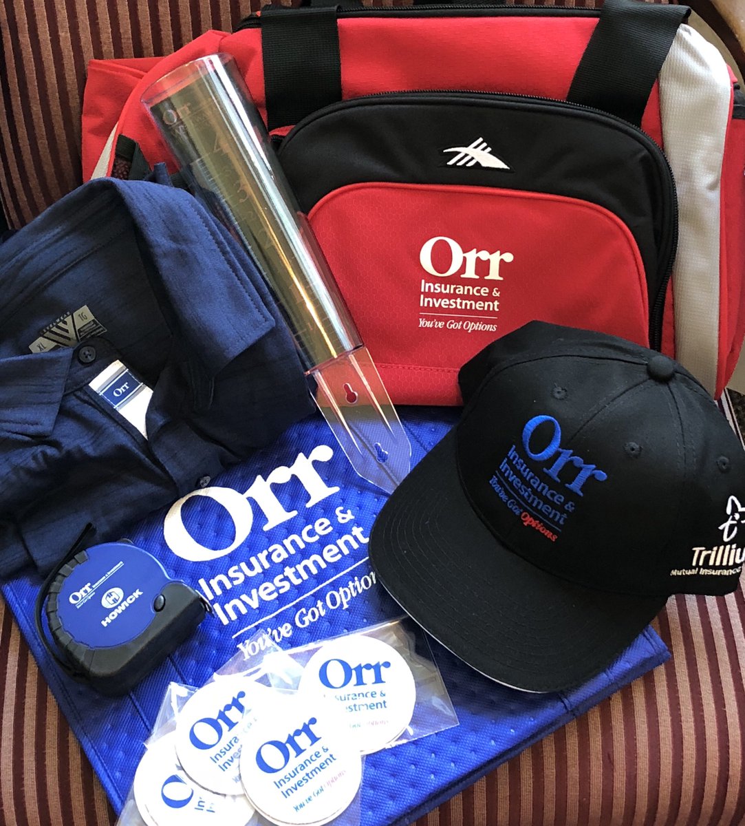 orrinsurance's tweet photo. Check out our cool #SWAG for the summer!! Thanks for being a part of it @TrilliumMutual @HowickMutual @WestWawanosh #carcoasters #rainguages #hats #measuringtapes #golfshirts #gymbags #thermaltotes #prizes #silentauctions https://t.co/9Q6FQsa8ge