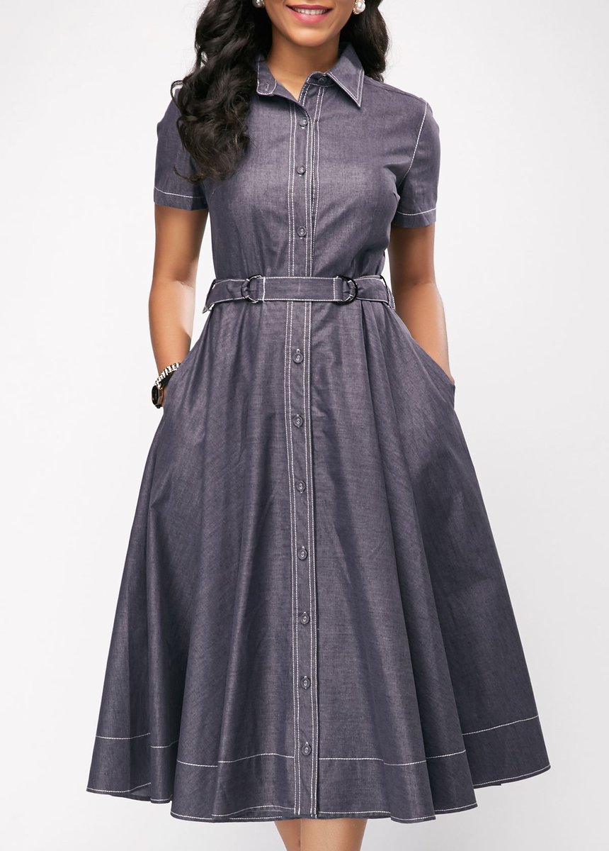 mod_and's tweet image. Short Sleeve Belted Button Up Midi Shirt Dress #retro #vintagestyle #shirtdress Belted high waist, buttons down front placket, turndown shirt collar. modandretro.com/short-sleeve-b…