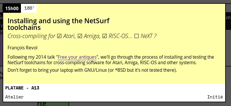 mmu_man's tweet image. At #RMLL2018 I&apos;ll be giving a workshop on installing and using the #NetSurf SDK to cross-compile for #Atari (#MiNT), #Amiga (#AmigaOS/#AROS), #RISCOS…

On Sunday 8th, 15:00; Platane A13.

#oldschool #16bits #32bits #retro #RMLL