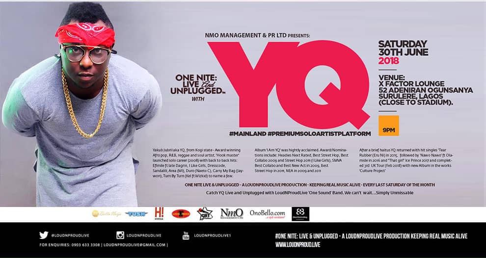iam_YQ's tweet photo. 'ONE NITE: LIVE & UNPLUGGED special with YQ ( Strictly LIVE BAND)
SAT 30TH JUNE 2018
VENUE: X Factor Lounge 52 Adeniran Ogunsanya Surulere, Lagos (close to Stadium)....Simply Unmissable
#CultuePRoject
#Olayi
#Mainland #PremiumSoloArtistPlatform
#HMRinc @caramelchicng https://t.co/OC9lEAOTXM