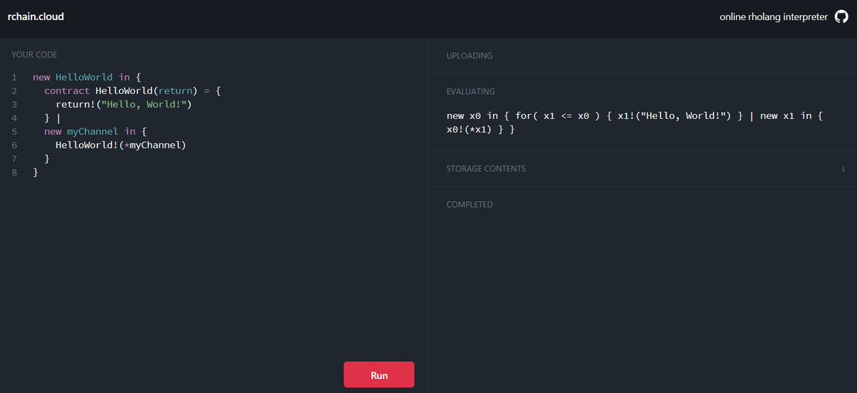 rchain_coop's tweet photo. Play with the #Rholang #smartcontract language utilizing the community developed web interface #RchainCloud and running embedded examples within the #RholangTutorial.
https://t.co/jB8xlHX3Xs https://t.co/MrGo3Bxy1a