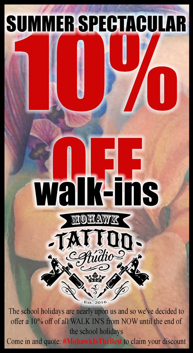 Mohawk_tattoo's tweet photo. It's the last few days before school is out for Summer so we're running an offer to give you all the chance to seek refuge (and excellent banter) in our studio. 
Come in and treat yourself while you can!! 😎💉
#MohawkIsTheBest https://t.co/ONDO7mfrbd