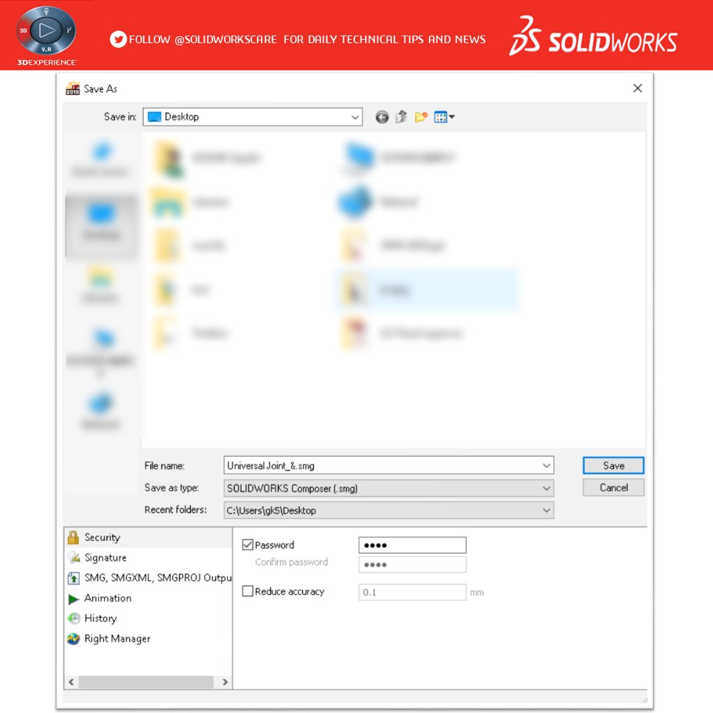 SOLIDWORKSCare's tweet photo. Add some protection to your #SOLIDWORKS #Composer documents by adding a password ^SG #security #saveas #lock #protectyourdesign #techtip https://t.co/qsfDa0EWpH