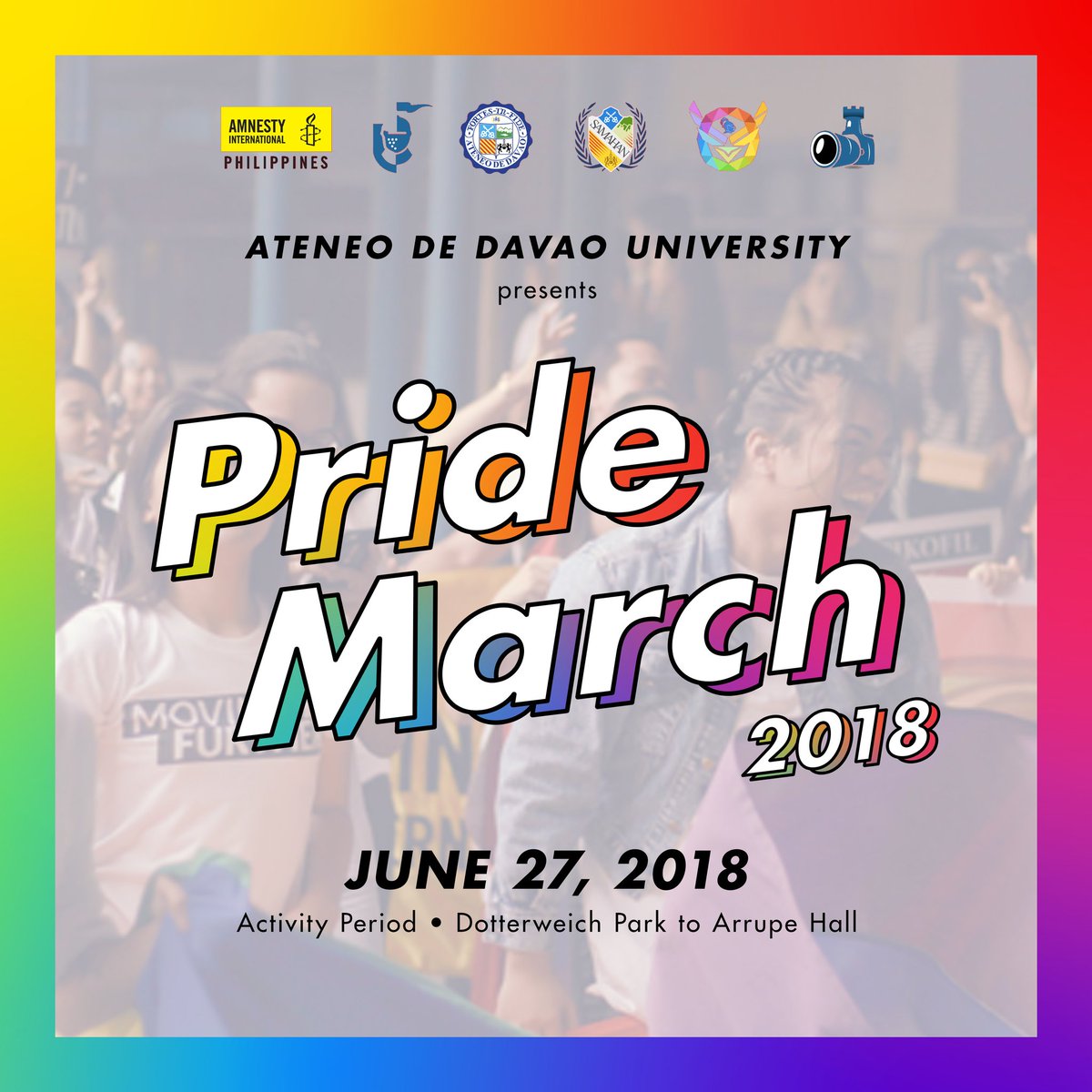 addusamahan's tweet photo. Ateneans! Wear your colors loud and proud and march with us as we open our Pride Week 2018 celebration tomorrow! #OneInColor #AdDUPride2018 ๐ณ๏ธโ๐ https://t.co/WTjA8Q03gI