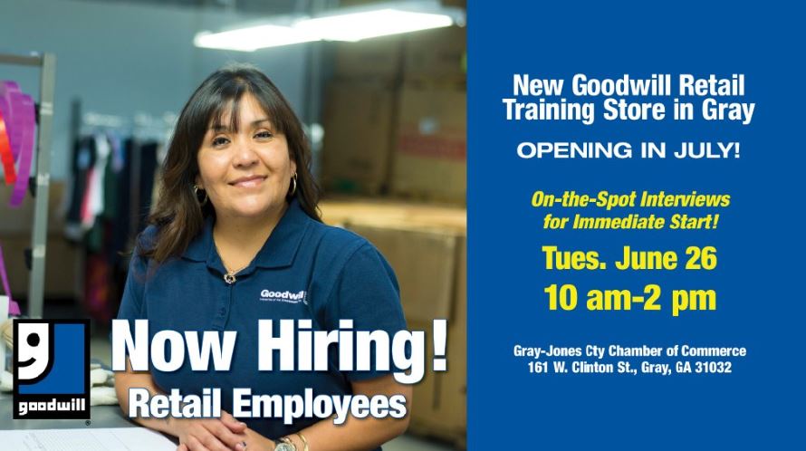 GoodwillWorks's tweet photo. #NowHiring for @GoodwillWorks’s newest Retail Training Store coming to #GrayGA in July! Open #Interviews TODAY June 26 10am-2pm for immediate hire! Part-&full-time positions available. Must pass drug test and background check. For info call 478-471-4855. https://t.co/asatAXJLLZ