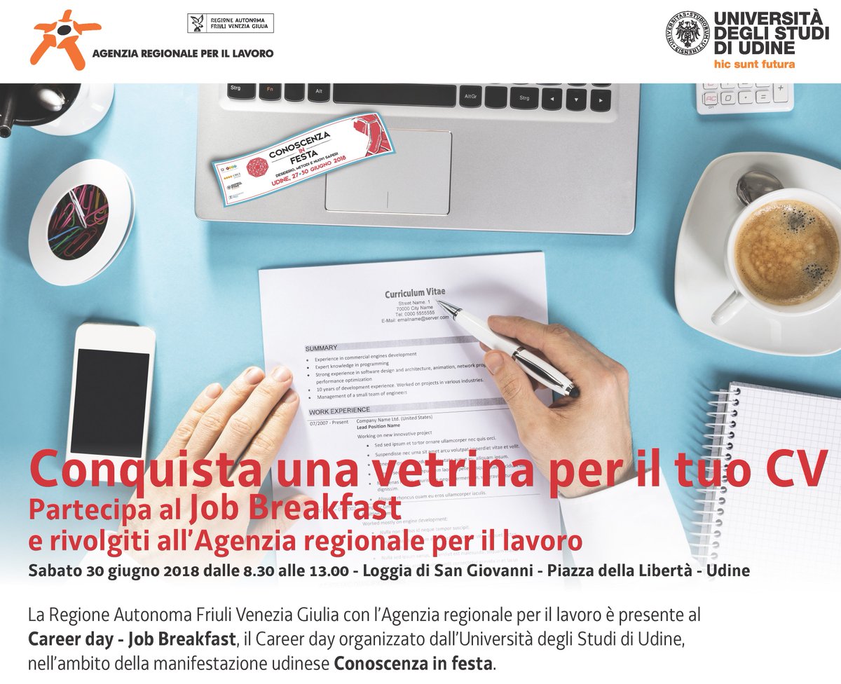 Lavoro_FVG's tweet photo. 📢Cerchi lavoro?
Partecipa al #JobBreakfast2018 a #Udine e presenta la tua candidatura all'Agenzia regionale lavoro della #RegioneFVG!
Il 30/06 passa allo stand 17 e consegna il tuo Curriculum.
Info e registrazione online ➡️ https://t.co/G9B0ENlws1
#LavoroFVG #uniud https://t.co/CWOF3xFpoJ