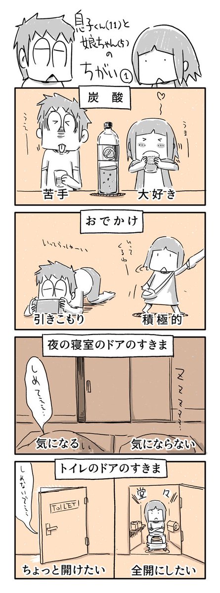 今日は、うちの息子くん(11歳)と娘ちゃん(5歳)の違いについて、4コマでまとめてみました。
「その①」

#一日一絵 #4コマ #絵日記 