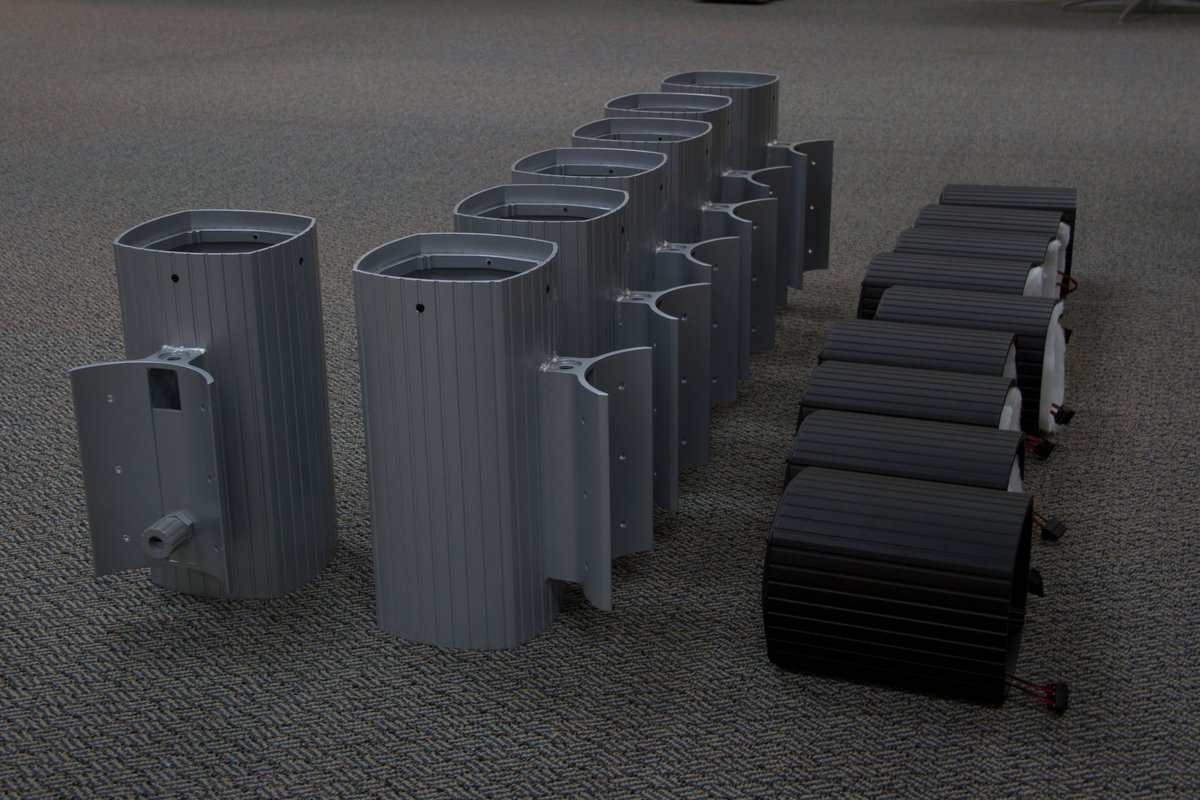 A recent product of James- These speakers were made to be mounted to an light pole and provide audio throughout a town. These units employ the use of military grade mesh networking which allows them to communicate with each other over vast areas all over a wireless signal 😊🎶!