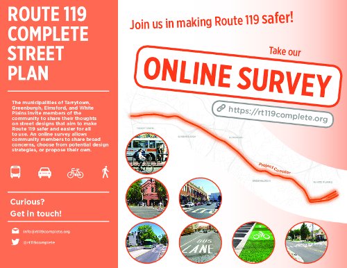 rt119complete's tweet photo. Participate in the #Route119 survey today. It will help us make this busy road safe for everybody. https://t.co/1LxPeDrJBo
#Bike #Walk #Bus #Drive #Westchester #Tarrytown #Greenburgh #Elmsford #WhitePlains #CompleteStreets #ActiveTransportation https://t.co/eFO92iJDZt