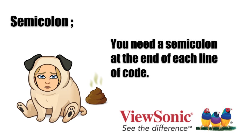 alicekeeler's tweet image. Why won&apos;t your code run? You forgot a semicolon. ;
#ISTE18 #codenoob Come see me at 3pm for Learn to Code in 15 Minutes @viewsonicedu_us booth #836
