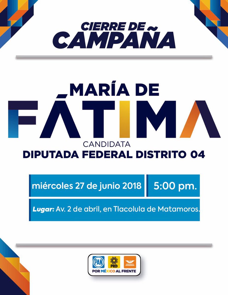 Ma_DeFatima's tweet photo. Te invito a que asistas mañana a mi cierre de campaña en el corazón del Distrito 04. #DeFrenteAlFuturo caminemos juntos rumbo a la victoria. https://t.co/5Mrx1UDVJI