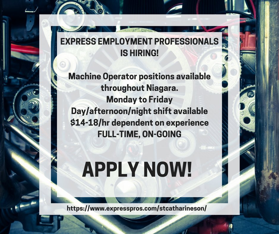 APPLY NOW! Send your resume to jobs.stcatharineson@expresspros.com or apply online at expresspros.com/stcatharineson/
#machineoperator #labour #career #work #nowhiring #applynow #jobsearch #employment