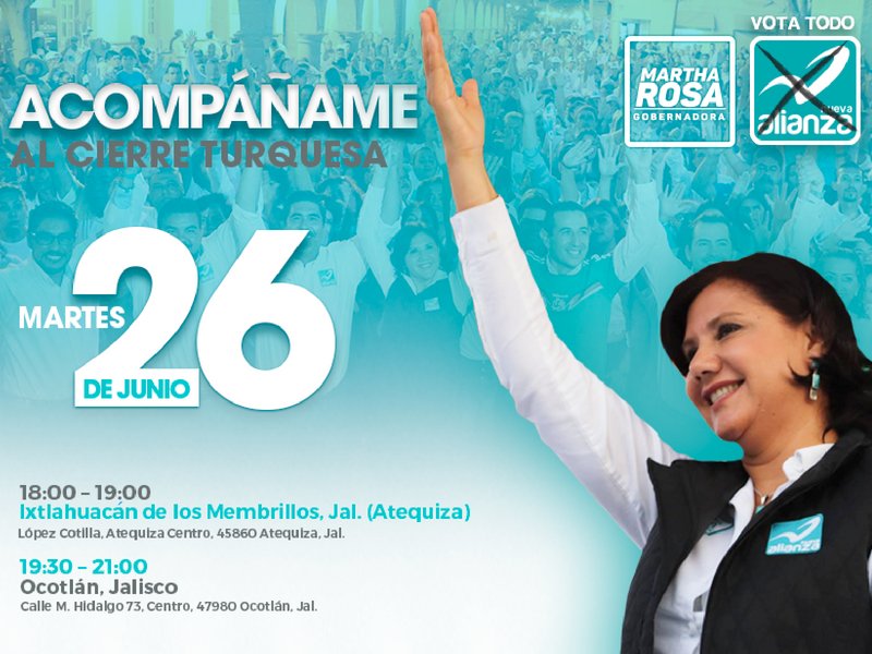 Hoy por la tarde, los espero en nuestros cierres de campaña. Vamos a demostrar que somos muchos quienes lograremos un #Jalisco ideal. ¡Que se note la actitud turquesa! 👏🏼👏🏼👏🏼