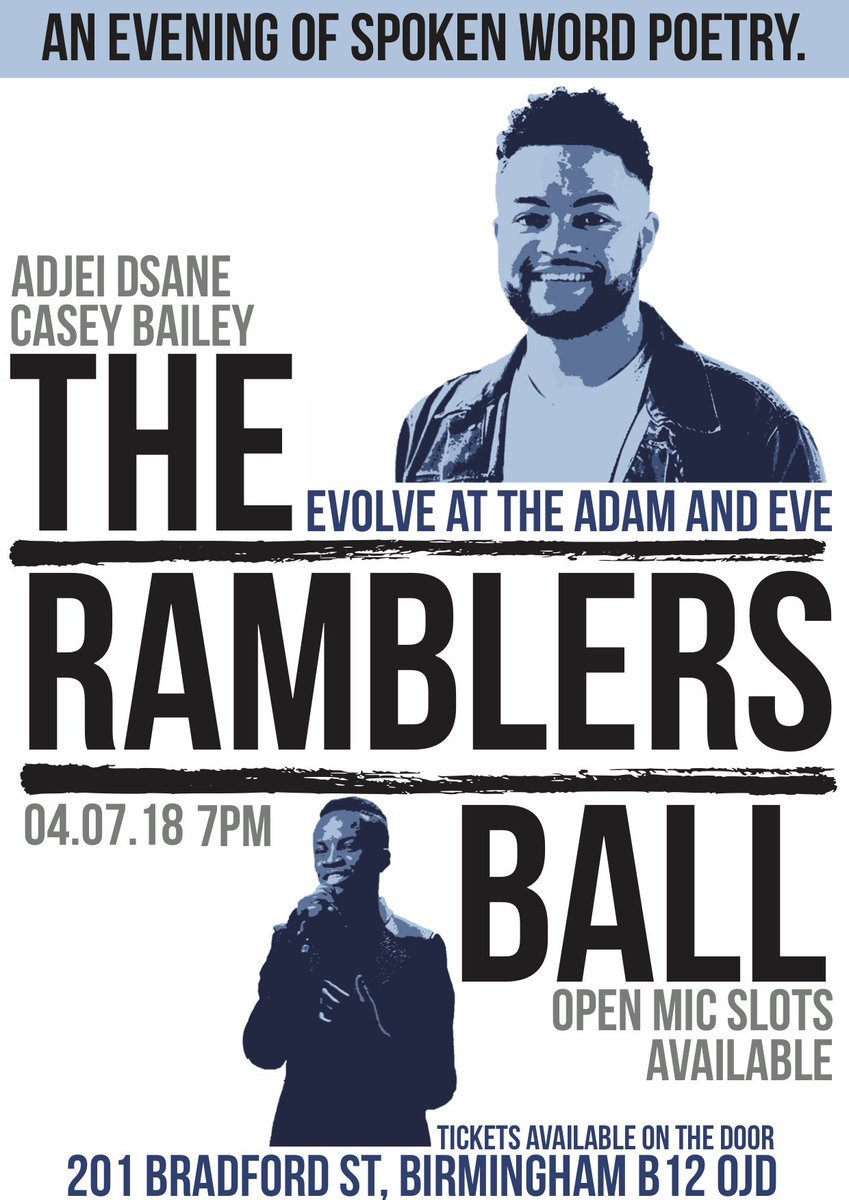 MrCaseyBailey's tweet photo. Come down to @EvolveBrum and check us out on July 4th. I will be headlining The Rambler's Ball - Big up @EASTVILLAGEPR @ellamadalene @hattiedsouza for pushing it! Get a free ticket right now, click the link https://t.co/hX5m1NV6US

#Poetry #SpokenWord #Brum30Under30 #Brum https://t.co/S2exbUhfX7
