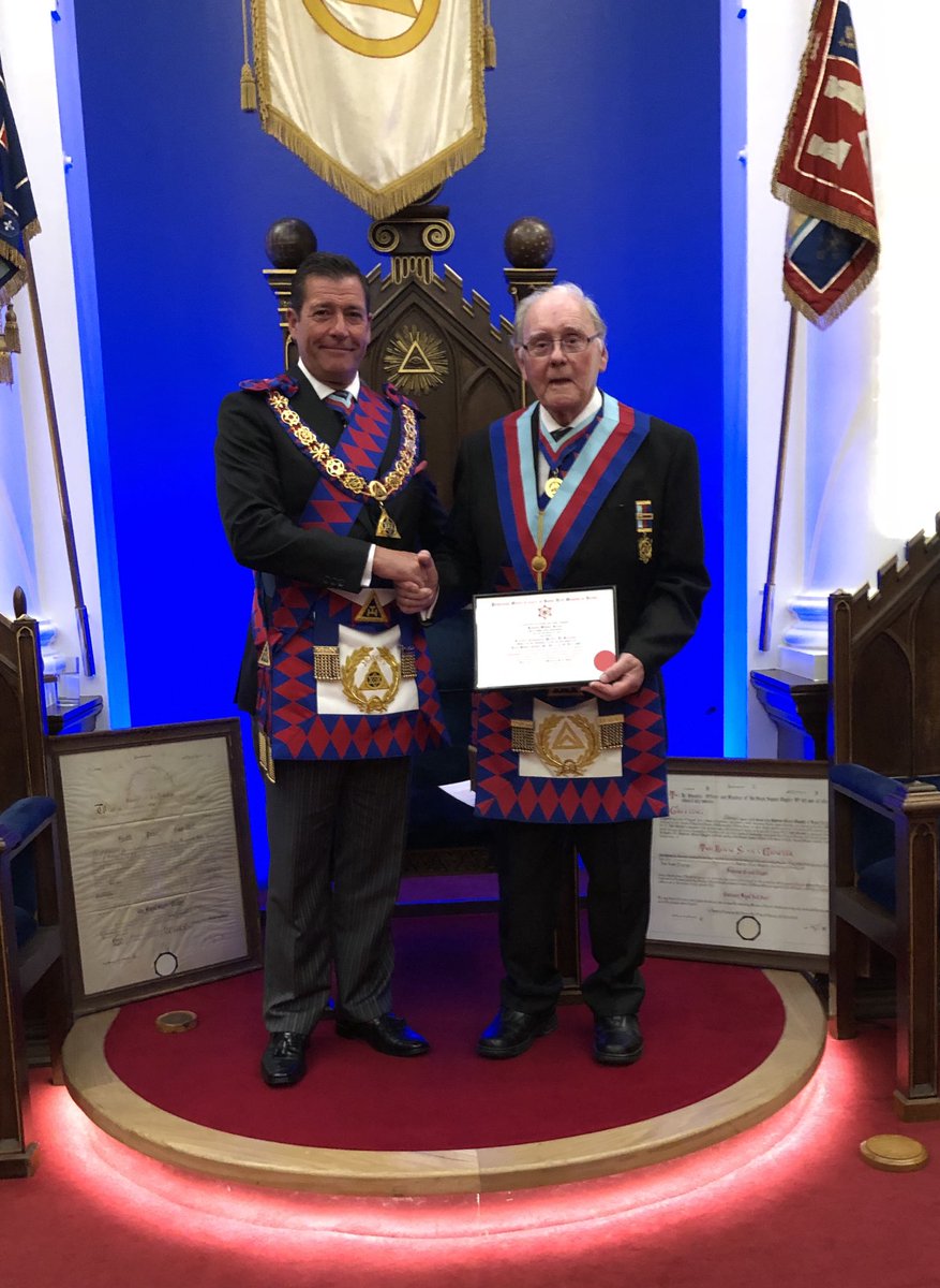 KMRondel's tweet photo. Presenting E Comp Bert Gallichan with his 50 year long service certificate in the Holy Royal Arch😎 https://t.co/K1T9AdqF1v
