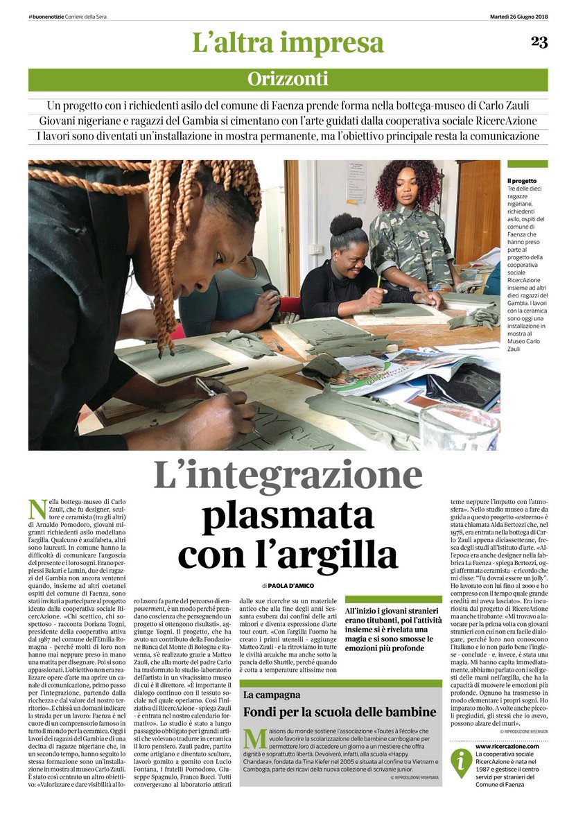 BUONE NOTIZIE DALLA COOPERAZIONE 👌
Quando l'integrazione passa dalla #ceramica. Il progetto della cooperativa sociale faentina RicercAzione con il <a href="/museocarlozauli/">Museo Carlo Zauli</a> raccontato da <a href="/paoladamico1/">Paola D'Amico</a> su <a href="/CorriereBN/">CorriereBuoneNotizie</a>