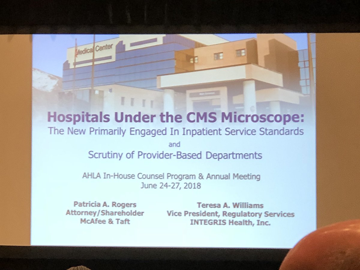 darcifriedman's tweet photo. Advanced session on: Hospitals under the @CMSGov microscope: the new “primarily engaged” in inpatient service standards and scrutiny of #providerbased departments #AHLA18 @healthlawyers https://t.co/ZguVmWMDYA