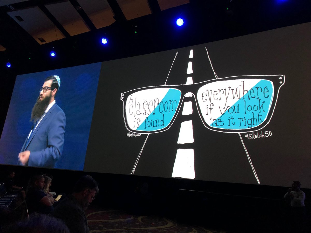 spirrison's tweet photo. Learning does not just within 4 walls, but everywhere," says @TheTechRabbi at #ISTE2018. "As educators, we need to ask ourselves how do we go from 20 percent time to 100 percent time." To put it another way, the future's so bright you gotta wear shades!" https://t.co/unnvOfFWFn