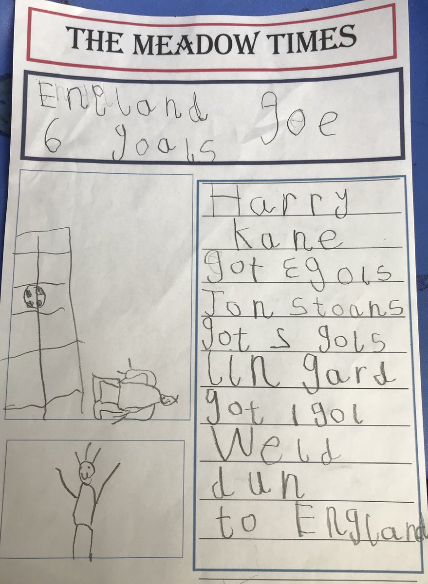 The Ladybirds wrote some fantastic newspaper reports to celebrate <a href="/England/">England</a>’s win at the weekend! ⚽️ #WorldCupRussia2018 <a href="/MeadowPriSch/">Meadow Primary Sch</a>