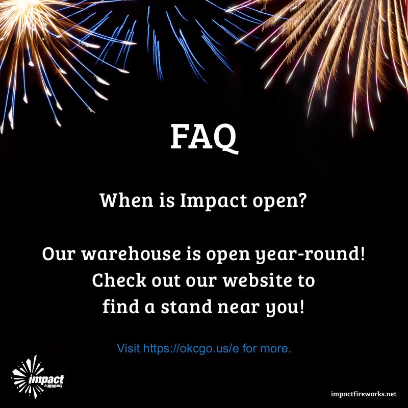 ImpactFireworks's tweet photo. Our seasonal stands are open from June 15 through July 6, typically from 10 a.m. to 8 p.m. Learn more: https://t.co/gCqtcpNlEJ https://t.co/VQqGBMLYgC