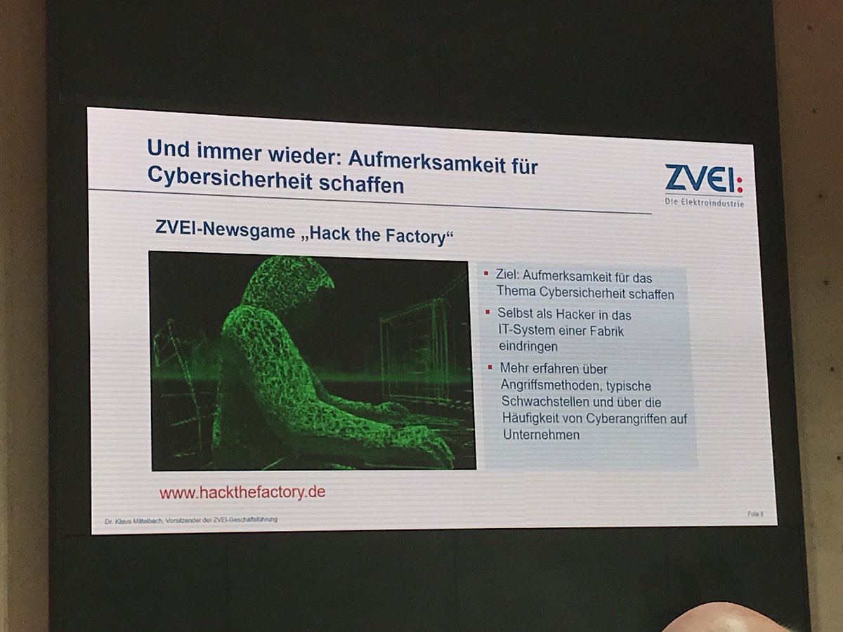 guenter_eggers's tweet photo. Dr. #Mittelbach (@ZVEIorg) sieht noch viel Potential bei der Verbesserung der #CyberSicherheit der #ElektroIndustrie | enge Zusammenarbeit mit #BSI @ArneSchoenbohm nötig | Gefahr für #DigitaleTransformation | Einladung zu #HackTheFactory https://t.co/pF8DYDlAIy