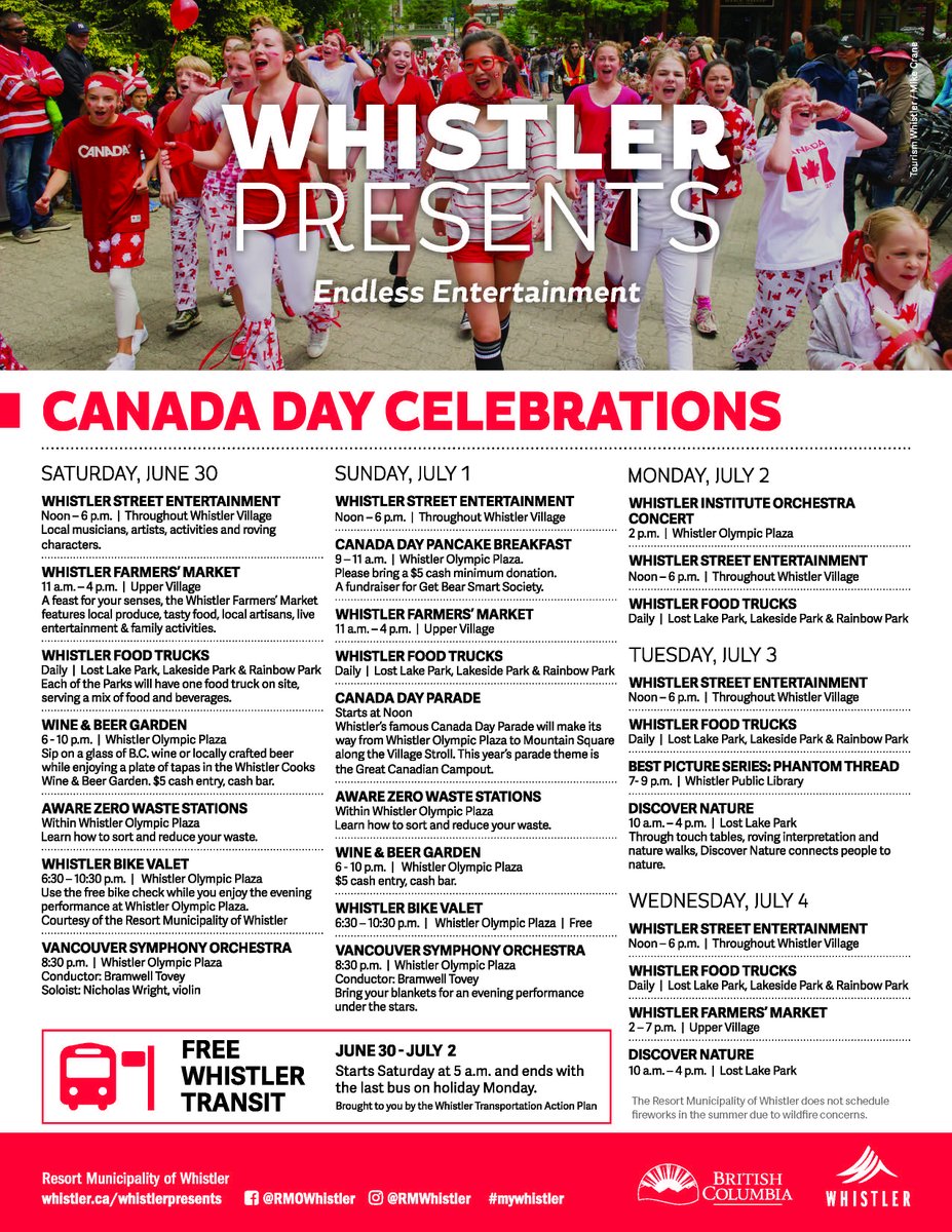 RMWhistler's tweet image. Whistler celebrates Canada Day June 30 - July 4. 
Join us for 4-days of free activities, street entertainment, a Canada Day Parade and two special performances by the Vancouver Symphony Orchestra.