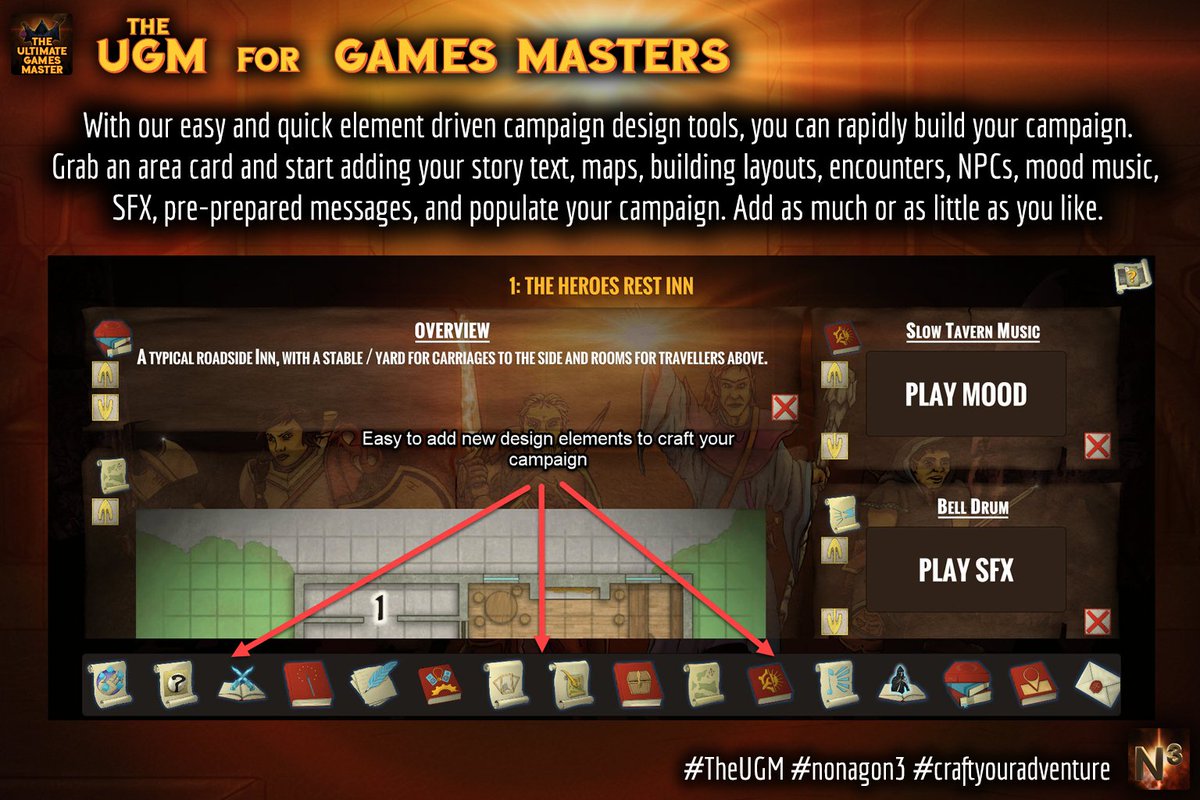 TheUltimateGM's tweet photo. With our quick and easy element driven campaign design tools, you can rapidly build your adventure. #TheUGM #nonagon3 #dnd #DandD #dungeonsanddragons #pathfinder #indiedev #RPG #Roleplay #tabletop #RPGdesign #campaigncreator #craftyouradventure https://t.co/QWnU4paDEU https://t.co/cTdJ0o311p