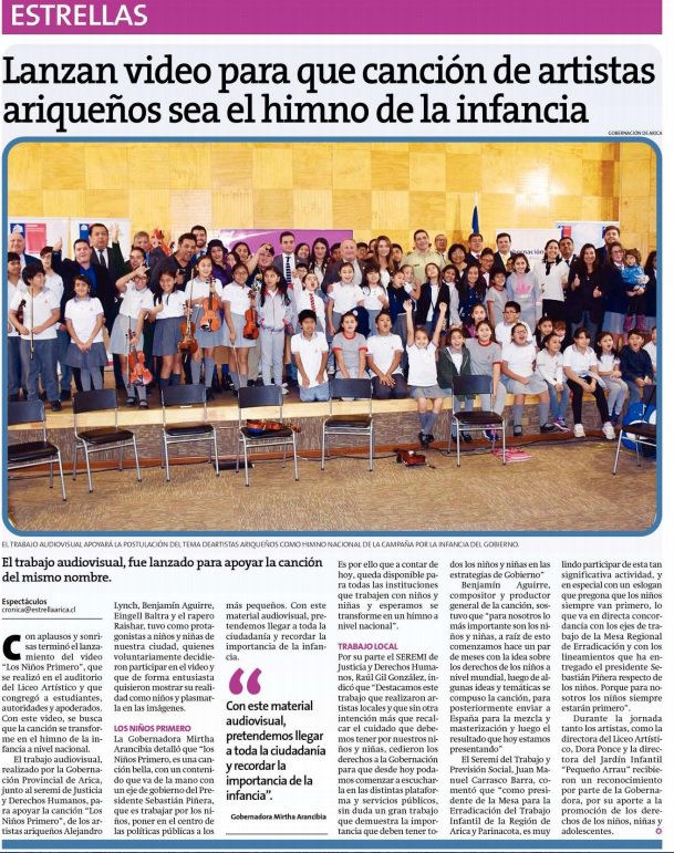 Minjudharica's tweet photo. 📰 EN LA PRENSA 👉🏼 La @EstrelladeArica destaca en su edición de hoy el lanzamiento de la canción y vídeo Los Niños Primero 👧🏻🧒🏻 Gran trabajo de artistas locales que poner en relevancia la importancia de cuidar a todos los niños del país #ChileLoHacemosTodos 🇨🇱 https://t.co/nYOGnY4R6Q