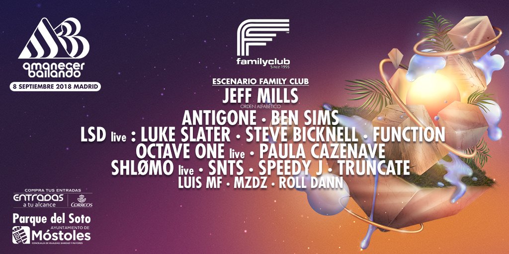 🔴 ESCENARIO FAMILY CLUB 🔴
<a href="/FamilyClub1995/">FamilyClub1995</a> ha seleccionado el mejor #techno para que el 8 de septiembre vivas #elmejoramanecerdetuvida
Entradas a 30€ aquí > bit.ly/EntradasAB2018 y en oficinas de Correos
+ info: amanecerbailando.com
#Móstoles #Madrid #Festival