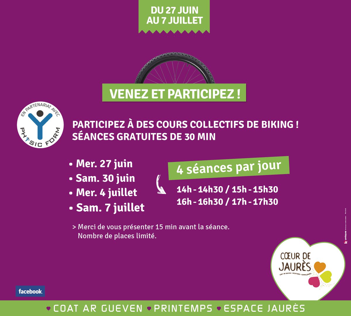 #BREST Du 27 juin au 7 juillet, <a href="/coeurdejaures/">Cœur de Jaurès Brest</a> vous met au Cœur du #TourdeFrance ! 🚲🚲
> GAGNEZ VOTRE PLACE VIP à #QUIMPER
> VENEZ ASSISTER A DES COURS GRATUIT DE BIKING !

Toutes les infos : facebook.com/coeurdejaures