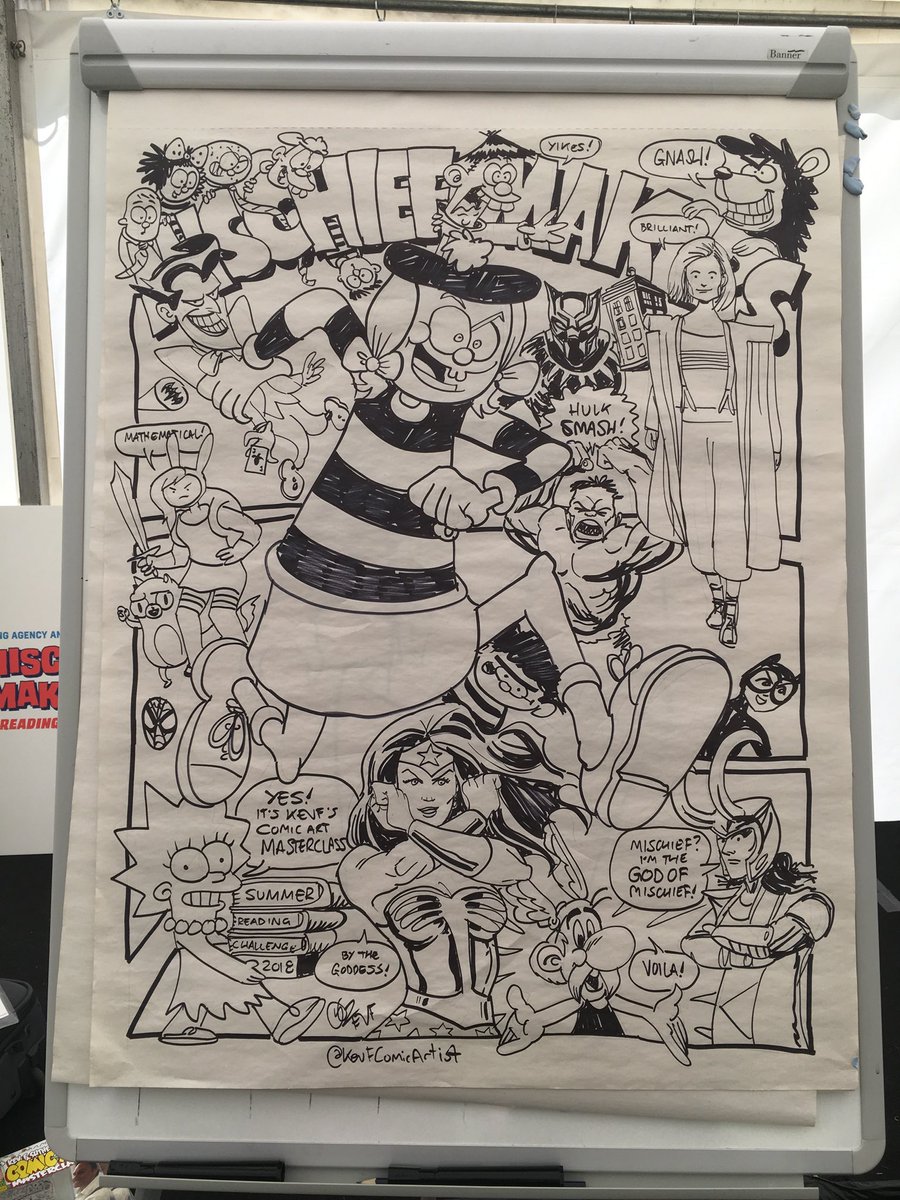 KevFComicArtist's tweet image. That finished flipchart from today’s #mischiefmaker fun with @RBWM_Libraries @EnjoyMaidenhead @BeanoOfficial @readingagency #SummerReadingChallenge