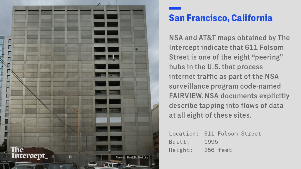 The San Francisco facility we named was 1st linked w/ NSA in 2006, when AT&T technician Mark Klein said it was fitted w/ a secure room ("641A") containing NSA technology. We believe the SF facility was set up before the other seven we identified & that all are similarly equipped.