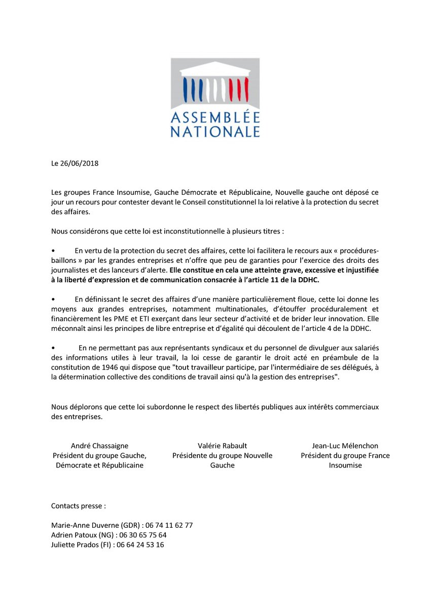 #SecretDesAffaires Recours au Conseil constitutionnel déposé ! Ce projet de loi qui facilite le recours aux 'procédures-baillons' par les grandes entreprises est une atteinte grave à la liberté d’expression et de communication consacrée à l’article 11 de la DDHC. #DirectAN