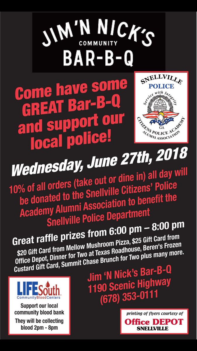 KellyMacSTAT's tweet image. Join Snellville Citizen Police Academy Alumni all day fundraiser to benefit the Snellville Police Department on Wednesday, June 27th. Great Raffle prizes from 6-8 PM.
Eat, Drink and Give Blood!!!
Hope to see you at Jim 'N Nick's on June 27th.