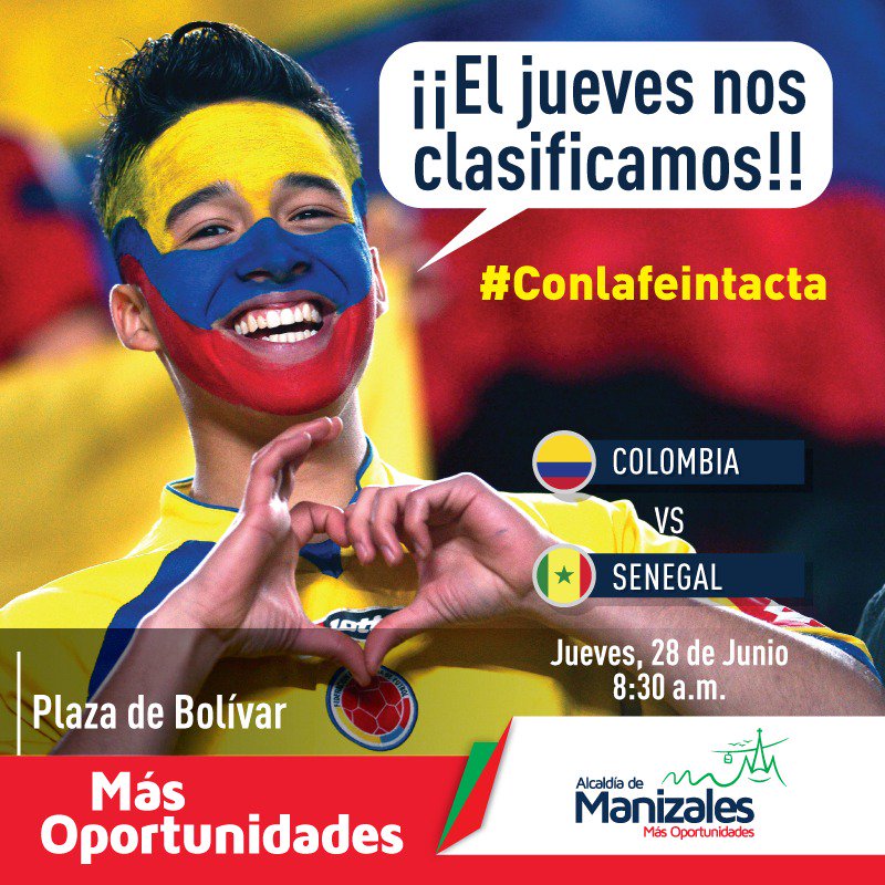 CiudadManizales's tweet photo. #ConlafeIntacta Este jueves la Plaza de Bolívar será el escenario de la alegría y la pasión por nuestra @FCFSeleccionCol Desde las 8.30 los esperamos para vivir el Partido Colombia-Senegal en pantalla gigante. @jcardonaleon https://t.co/v4V50jkvp9