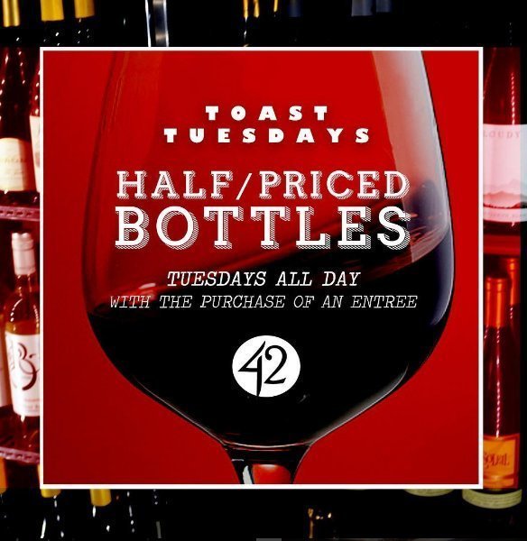 Tap42Bar's tweet photo. Happy Toast Tuesday Boca! 

Get your #halfpriced bottles w/ an entree at Tap 42 @bocacenter today 🥂 https://t.co/dmXeRI0CDR